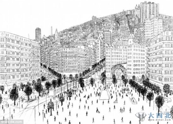法国自闭症画家贾尔斯-特莱希恩描绘的假想城市乌维尔的一座广场