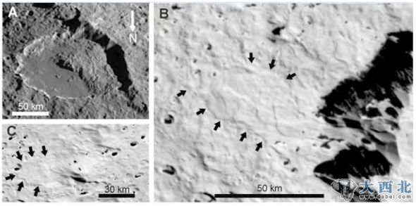 土卫八上发现的高速远程滑坡 现象 A栏：马伦陨石坑内发生的“粗糙”滑坡； B栏：英格利亚陨石坑内发现的多重叶片状平滑滑坡； C栏：格林陨石坑内发生的叶片状平滑滑坡