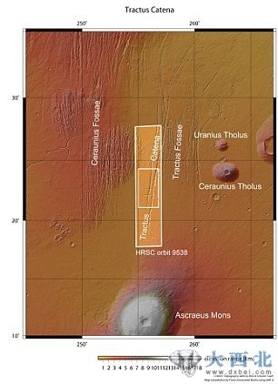 科学家发现，这些明显地形紧挨着火星表面上的巨大火山。