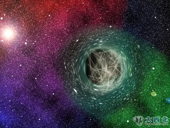 艺术概念图，展示了一个黑洞。轴粒子能够在黑洞周围积聚并放射出引力波