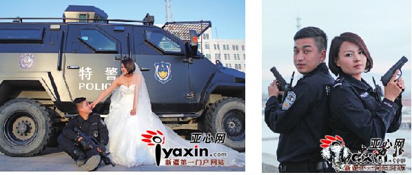 新疆伊宁一对警察情侣装甲车前拍婚纱照