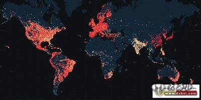 
一家网站使用“阿什莉·麦迪逊”网站被泄露的用户所在城市生成了一张“出轨地图”。地图上的每一个点代表一个城市，红色表示男性用户大于85%，黄色是男性用户小于85%。