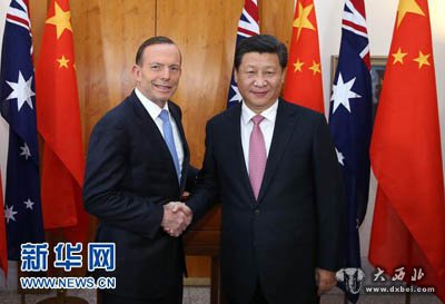 中国国家主席习近平与澳大利亚总理阿博特在澳大利亚首都堪培拉举行会谈